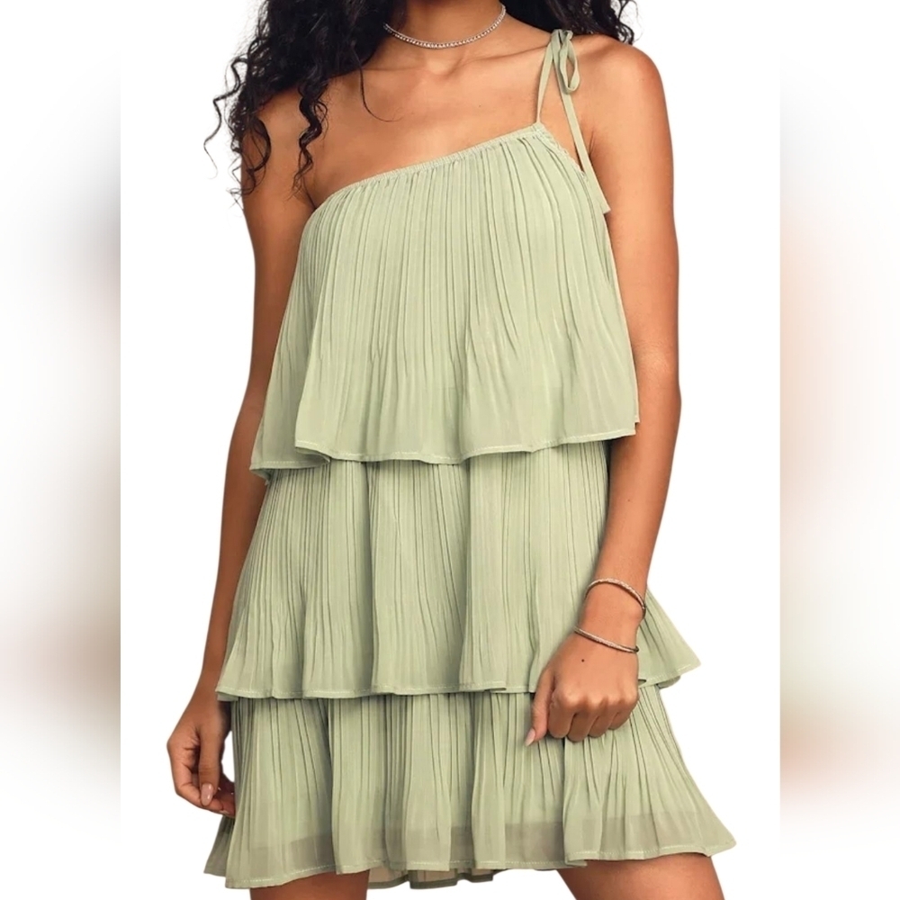 Lulus Blowing Kisses Pleated One Shoulder Mini Dress XL Tiered Sage Green NEW - Picture 4 of 12